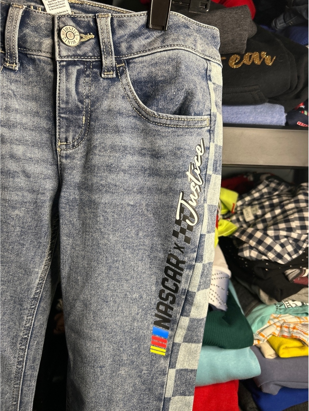 Justine Denim NASCAR Kids Jeans with Side Checkered Stripe